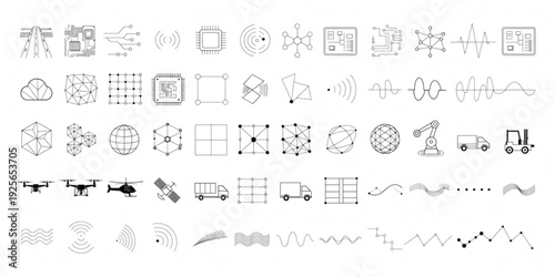 Collection of Technology and Innovation Icons Representing Connectivity, Data, and Future Systems