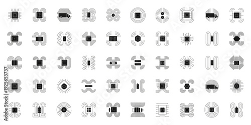 Dynamic collection of abstract geometric minimalist icons, ideal for modern digital branding, sleek user interface design, versatile web graphics, and creative projects