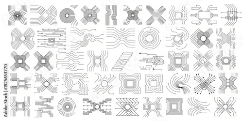 Comprehensive collection of abstract geometric circuit patterns and digital technology lines, ideal for modern electronic designs, data visualization, and futuristic network concepts