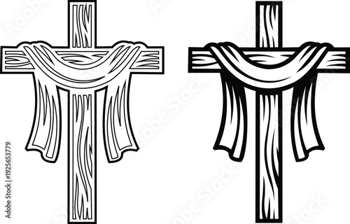 Wooden cross with draped fabric shroud line art vector for religious ceremonies