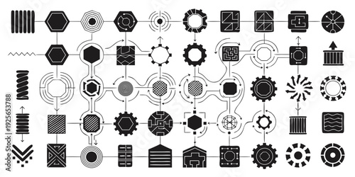 Abstract geometric shapes and patterns representing a complex interconnected system or process