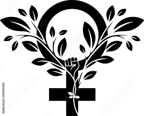 Empowering female symbol with rising fist and blooming leaves