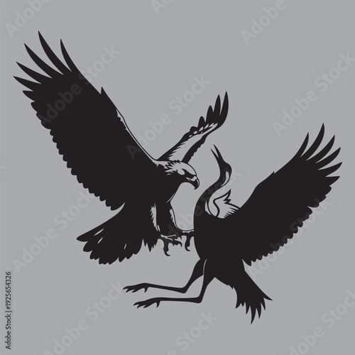 eagle attacking crane midair silhouette vector design art and illustration