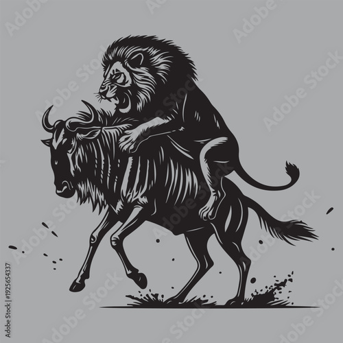 lion attacking wildebeest dynamic clash silhouette vector design art and illustration