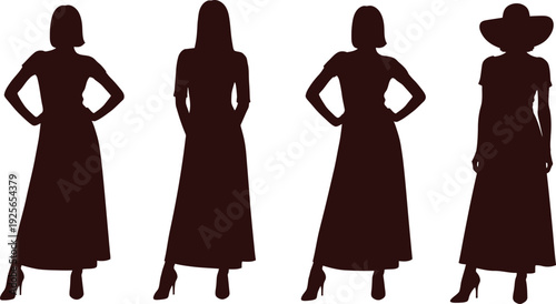 Four women silhouettes in long dresses