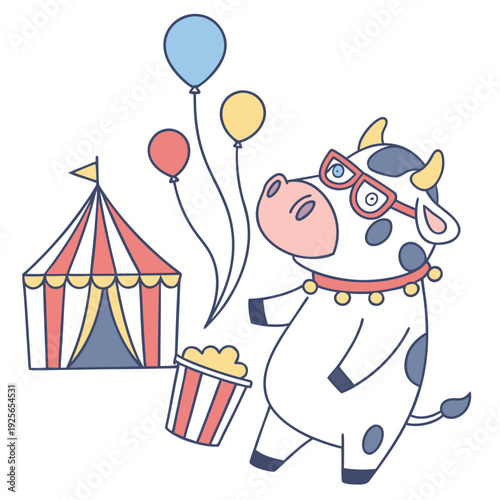 Big Top Brights themed SVG: Bashful Cow with wearing glasses in a Circus Carnival environment