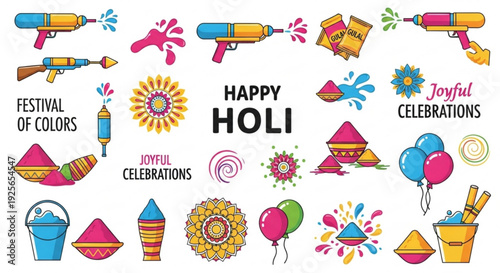 Vibrant holi festival celebrations with colorful water guns and joyful decorations