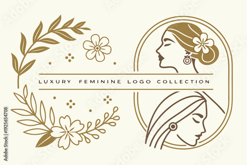 Luxury feminine logo collection with woman portrait, butterfly and floral elements
