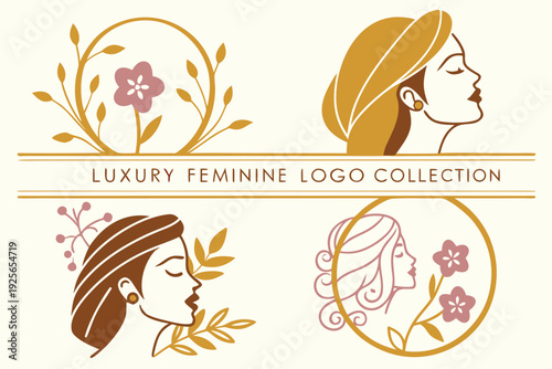 Luxury feminine logo collection with a woman portrait, butterfly and floral elements