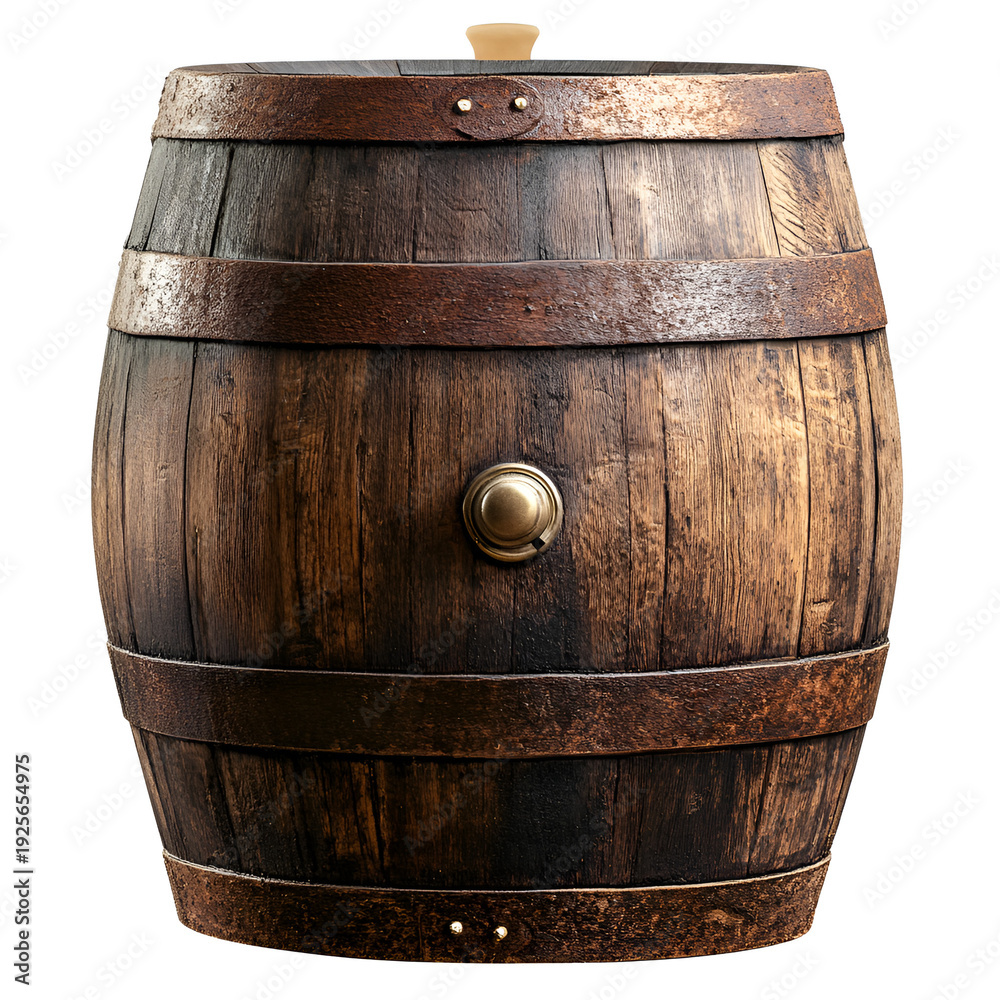 Obraz premium A wooden barrel with metal bands and a spigot on a white background
