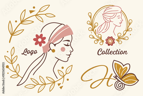 Luxury feminine logo collection with woman portrait, butterfly and floral elements