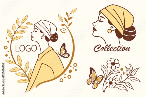 Luxury feminine logo collection with woman portrait, butterfly and floral elements