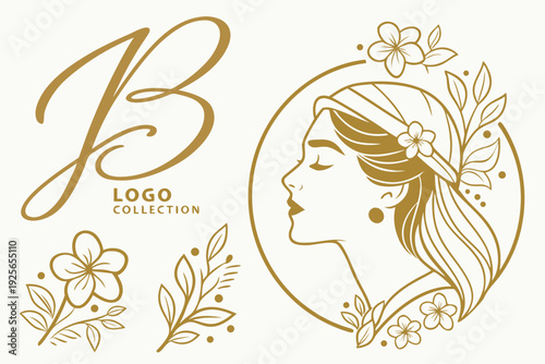 Luxury feminine logo collection with woman portrait, butterfly and floral elements