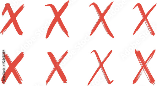 Eight red x marks on white background