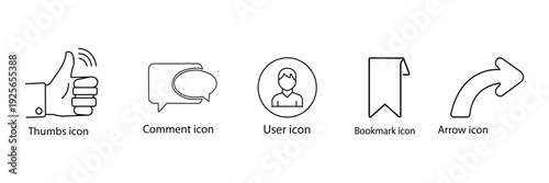 Social media line icons set with like, comment, arrow, and user outline vector illustration.