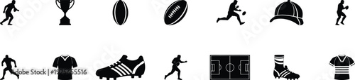 Set of solid black sports icons including rugby and football players, balls, jersey, shoes, field, and a champion trophy on a transparent background