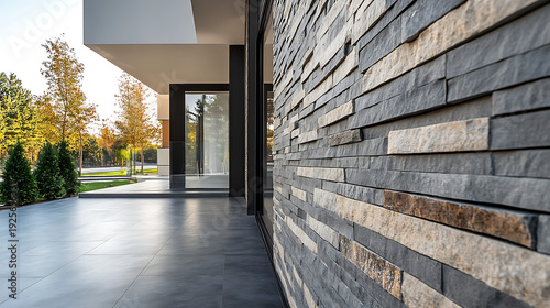 Contemporary building entrance with elegant stone cladding and modern walkway high resolution picture