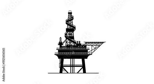 A stark black silhouette of an offshore oil drilling platform against a plain white background