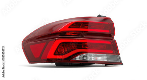 Contemporary Vehicle Red Taillight Unit with Distinctive LED Light Bars and Clear Reverse Light, Isolated on White