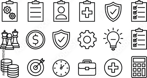 Black business productivity strategy icons set, clipboard gear shield chess coin target clock briefcase calculator medical cross innovation planning