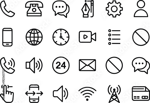 Black communication digital interface icons set, telephone chat speech bubbles smartphone email Wi‑Fi radio tower credit card settings