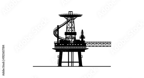 A stark black and white illustration depicts an offshore oil and gas platform structure high quality