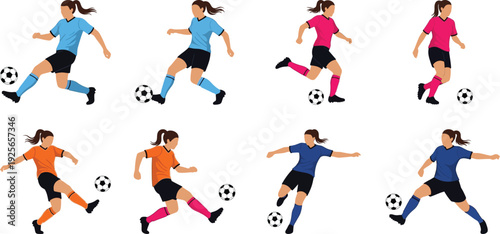 Diverse set of eight active female soccer players wearing colorful uniform jerseys performing dynamic kicks and dribbling, isolated on a transparent background