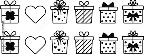 Black gift box heart icons set, decorative present pattern recognition puzzle design with stripes polka dots bows flower love symbols