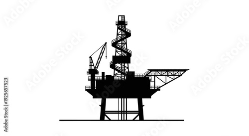 A stark black silhouette depicts an offshore oil platform against a plain white background high quality