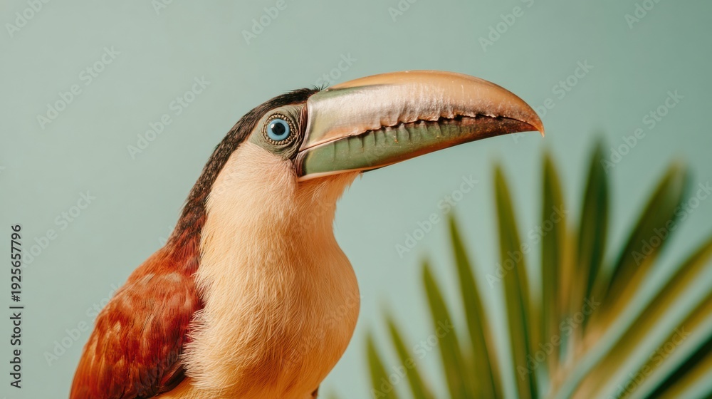 Fototapeta premium Profile Portrait of a Toucan Bird with a Sage Green Beak and Blue Eye in a Tropical Setting ideal for Wildlife Branding and Natural History Educational Design