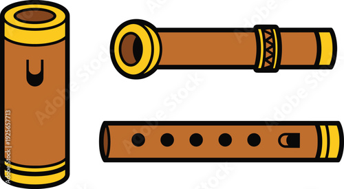Traditional Bamboo Flute Vector Illustration Set with Wooden Bansuri Musical Instrument Icons for Folk Music and Culture Design