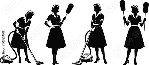 Black silhouette collection of retro housemaids and cleaning ladies using vacuum cleaners and feather dusters isolated on a white background.