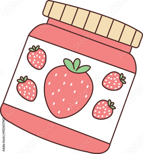 A delicious jar of strawberry jam with fresh strawberries on the label vector illustration