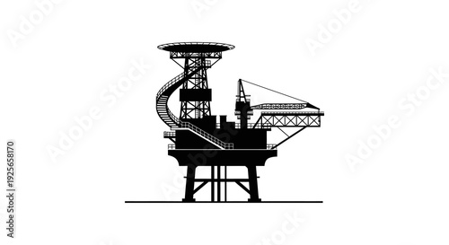 A stark black silhouette depicts a complex offshore oil rig structure against a white background