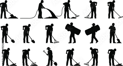 Black silhouette collection of construction workers and laborers using shovels, rakes, hoses, and carrying materials isolated on a white background.