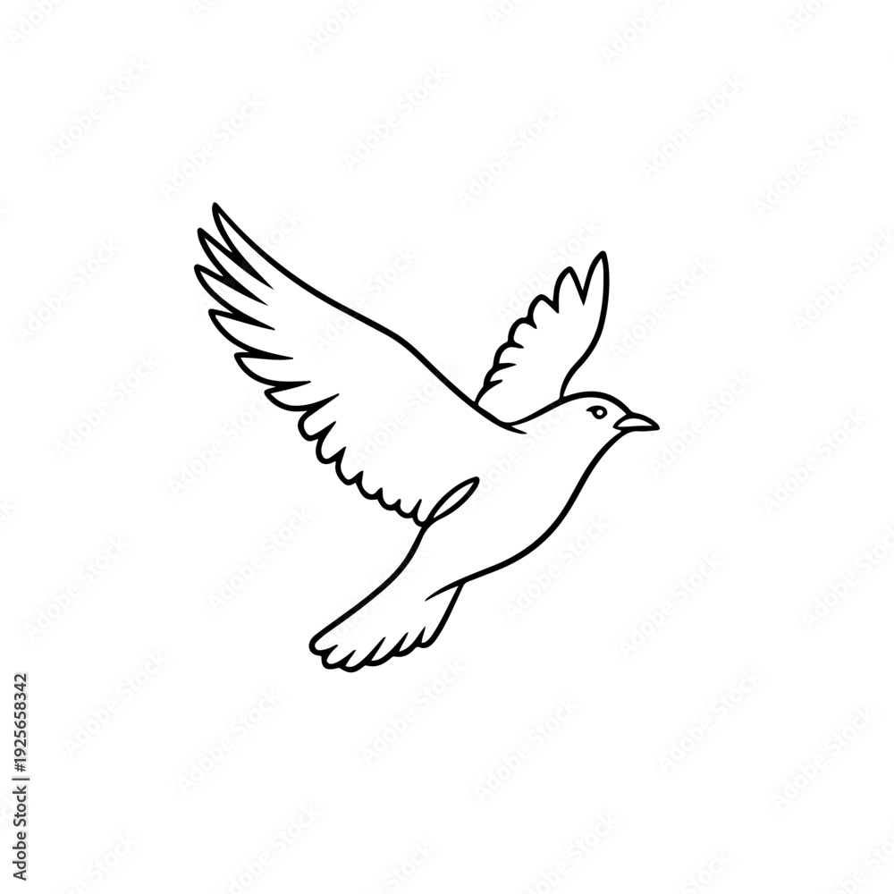 Fototapeta premium Graceful minimalistic line art illustration of a bird soaring with wings spread, embodying concepts of peace, freedom, and natural beauty in a simple vector design