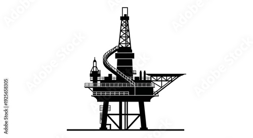 A stark black silhouette of an offshore oil rig platform against a plain white background