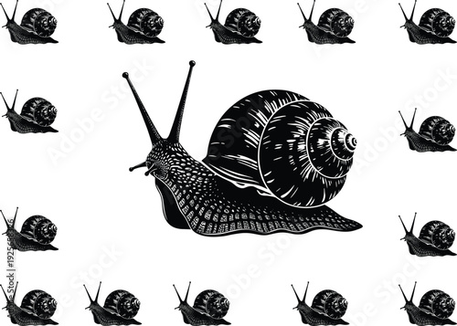Black and white garden snail illustration pattern with a large central snail surrounded by a border of smaller matching snails.