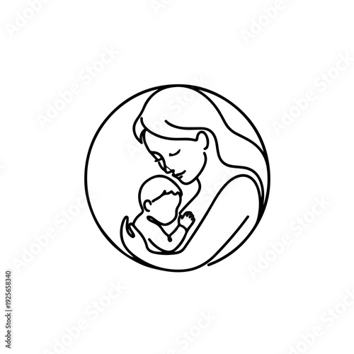 Minimalist line art illustration portraying a tender moment between a loving mother and her infant child, symbolizing maternal affection and the beauty of family bonds