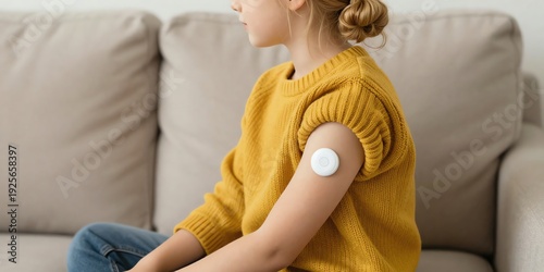 Young girl wearing a medical sensor patch on her arm, a symbol of modern health monitoring and technology for well-being