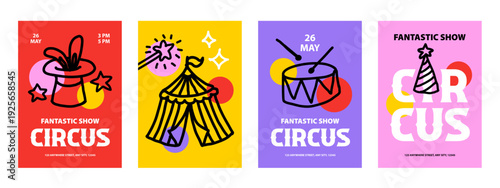 Circus poster set with tent, drum, , magic hat, jester's cap. Kids event design. Cirque performance, funny carnival, party banners. Hand drawn doodle vector illustration.