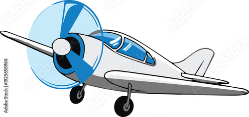 Blue and gray vintage propeller airplane flying with visible cockpit and landing gear