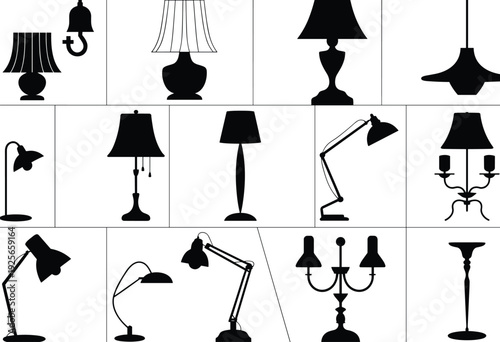 Collection of black and white lamp and lighting fixtures in various styles and lamps