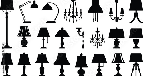 Collection of black and white lamp and chandelier silhouettes on a white background 1