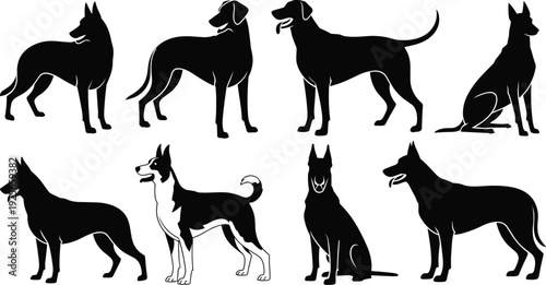 Eight black and white silhouette of various dog breeds in different poses and positions