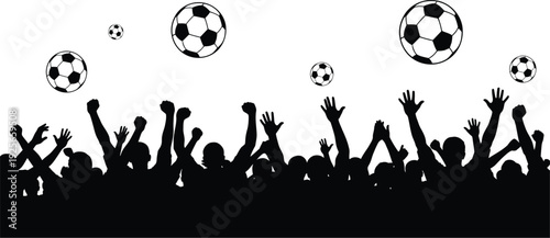 Exciting silhouette of a cheering sports crowd with raised hands and falling soccer balls celebrating a football championship on a transparent background