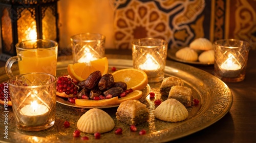 Ramadan iftar items on ornate tray, candlelight, soft glow