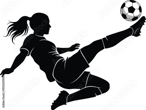 Dynamic black silhouette of a professional female soccer player performing an athletic mid-air volley kick with a football on a transparent background