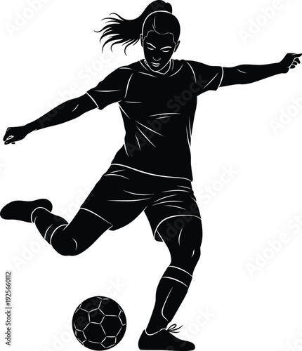 Powerful black silhouette of a sporty female soccer player kicking the football during a competitive sports match, isolated on a transparent background