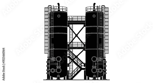 Black and white blueprint illustration of two large industrial storage tanks with connecting walkways high quality